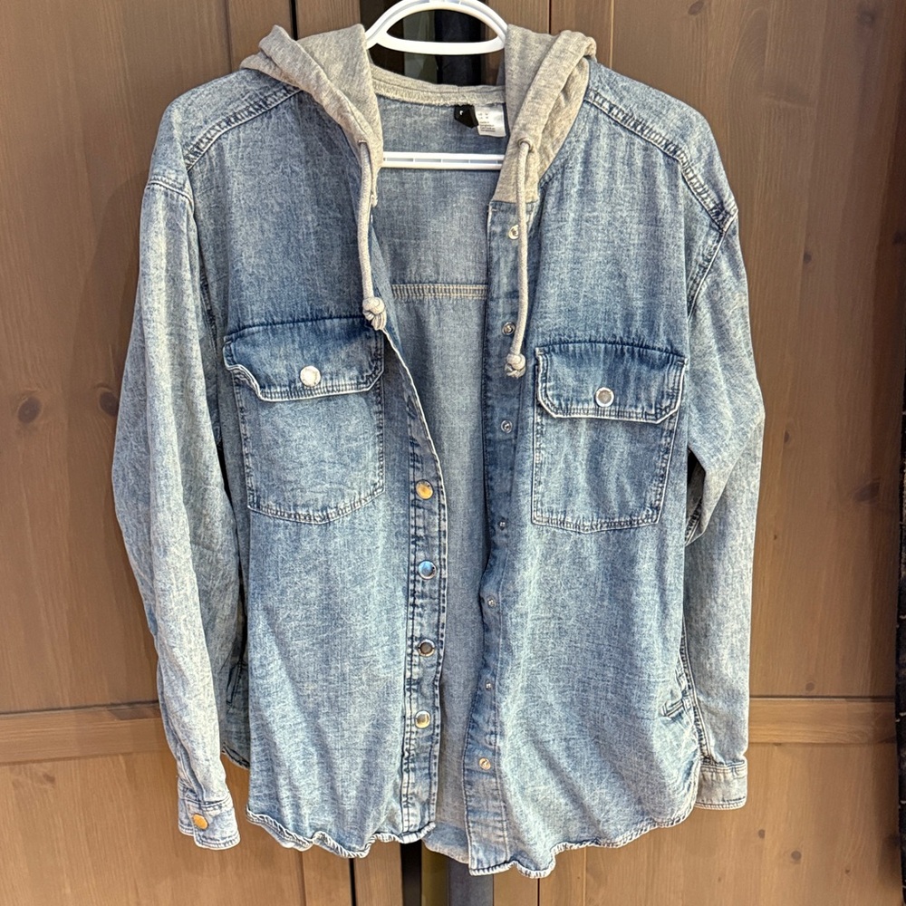 Divided Blue Denim Button Down Shirt with Gray Hood